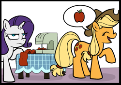 Size: 887x623 | Tagged: safe, artist:gsphere, applejack, rarity, earth pony, pony, unicorn, female, horn, mare, sewing machine