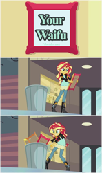 Size: 558x941 | Tagged: safe, edit, screencap, sunset shimmer, equestria girls, my past is not today, exploitable meme, into the trash it goes, meme, reaction image, solo, trash, trash can, waifu, your waifu is trash