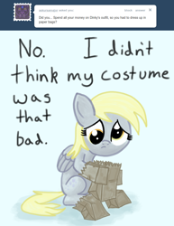 Size: 770x1000 | Tagged: safe, derpy hooves, pegasus, pony, ask, ask a mailmare, costume, female, mare, paper bag, paper bag wizard, sad, tumblr