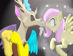 Size: 3675x2800 | Tagged: safe, artist:bluefeathercat, discord, fluttershy, pegasus, pony, blank eyes, female, kissing, male, mind control, straight