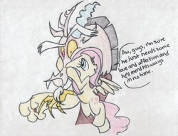 Size: 3296x2512 | Tagged: safe, artist:fillyblue, discord, fluttershy, pegasus, pony, discoshy, shipping