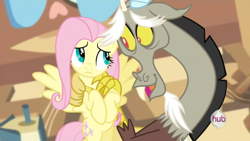 Size: 1280x720 | Tagged: safe, screencap, discord, fluttershy, pegasus, pony, keep calm and flutter on, hub logo
