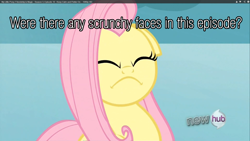 Size: 1920x1080 | Tagged: safe, edit, edited screencap, screencap, fluttershy, pegasus, pony, keep calm and flutter on, angry, constipated, eyes closed, faic, floppy ears, flutterfrown, frown, hub logo, image macro, question, solo