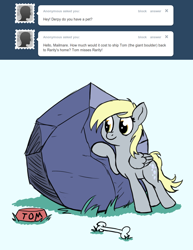 Size: 770x1000 | Tagged: safe, derpy hooves, tom, pegasus, pony, ask, ask a mailmare, bone, bowl, female, mare, pet, tumblr