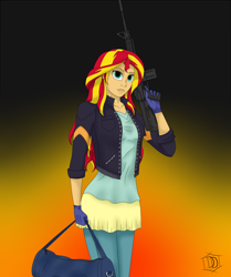 Size: 2304x2756 | Tagged: safe, artist:deddrunk, sunset shimmer, equestria girls, amcar-4 carbine, assault rifle, clothes, crossover, gloves, gun, no trigger discipline, payday, payday 2, rifle, solo, weapon