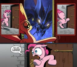 Size: 805x696 | Tagged: safe, pinkie pie, earth pony, pony, beast hunters, comic, exploitable meme, meme, obligatory pony, predaking, surprise door, transformers, transformers prime