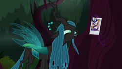 Size: 1280x720 | Tagged: safe, screencap, queen chrysalis, rarity, changeling, changeling queen, pony, unicorn, the mean 6, female, hair, picture, solo, tree