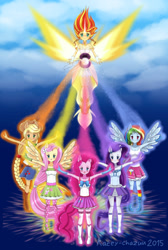 Size: 2200x3280 | Tagged: safe, artist:kateychazuu, applejack, fluttershy, pinkie pie, rainbow dash, rarity, sunset shimmer, equestria girls, friendship games, alternate costumes, daydream shimmer, humane five, looking at you, magic capture device, magic of friendship, ponied up, spread wings