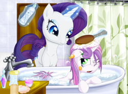 Size: 1600x1168 | Tagged: safe, artist:suntenri, rarity, sweetie belle, pony, unicorn, bath, bathtub, cute, diasweetes, tree sap, wet mane