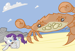 Size: 1024x696 | Tagged: safe, artist:oblivinite, rarity, crab, pony, unicorn, rarity fighting a giant crab, sword