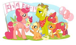 Size: 900x540 | Tagged: safe, artist:ellisarts, apple bloom, applejack, big macintosh, oc, earth pony, pony, applejack's parents, baby, balloon, male, stallion, tail bow, younger