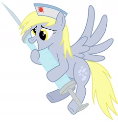 Size: 2060x2135 | Tagged: safe, artist:friendshipismetal777, derpy hooves, pegasus, pony, flying, giant syringe, grin, hat, hug, nurse, nurse hat, simple background, smiling, solo, spread wings, squee, syringe, underhoof, white background