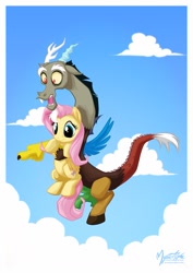 Size: 992x1403 | Tagged: safe, artist:mysticalpha, discord, fluttershy, pegasus, pony, duo, female, flying, holding a pony, male, pointing