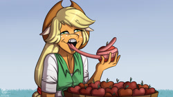 Size: 1920x1080 | Tagged: safe, artist:namygaga, derpibooru import, applejack, anthro, .mov, apple, apple.mov, floppy ears, food, impossibly long tongue, jappleack, long tongue, scene interpretation, solo, that pony sure does love apples, tongue out