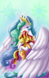 Size: 800x1280 | Tagged: safe, artist:chanceyb, princess celestia, sunset shimmer, alicorn, pony, unicorn, begging, crying, forgiveness, heartwarming in hindsight, hug, momlestia, reunion, tears of joy, the prodigal sunset