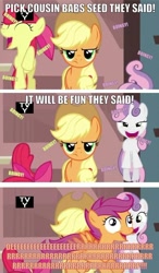 Size: 500x859 | Tagged: safe, apple bloom, applejack, scootaloo, sweetie belle, earth pony, pony, one bad apple, comic, cutie mark crusaders, derp, unhapplejack