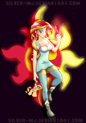 Size: 1024x1472 | Tagged: safe, artist:silver-wingx, sunset shimmer, human, equestria girls, backwards cutie mark, breasts, cleavage, cutie mark, female, humanized, magic, plushie, solo, sunset jiggler