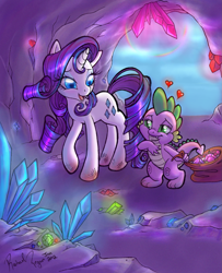 Size: 1323x1633 | Tagged: safe, artist:kiss-the-thunder, rarity, spike, dragon, pony, unicorn, cave, crystal, dirty hooves, duo, female, gem, heart, interspecies, male, shipping, sparity, straight