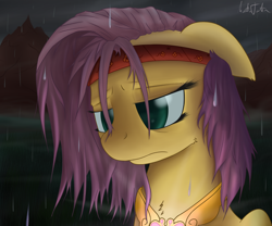 Size: 1440x1200 | Tagged: safe, artist:mattatatta, fluttershy, pegasus, pony, element of kindness, fanfic, messy mane, rain, sad, solo, survivor shy