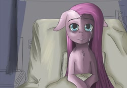 Size: 1000x696 | Tagged: safe, artist:potheadsam, pinkie pie, earth pony, pony, bed, crying, pinkamena diane pie, solo