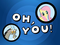 Size: 576x438 | Tagged: safe, discord, fluttershy, pegasus, pony, keep calm and flutter on, meme, oh you