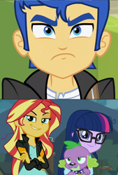 Size: 1332x1975 | Tagged: safe, edit, flash sentry, sci-twi, spike, spike the regular dog, sunset shimmer, twilight sparkle, dog, equestria girls, friendship games, cropped, discovery family logo, exploitable meme, faic, female, flash hate, lesbian, male, meme, shipping, smirk, smugset shimmer, sunsetsparkle, twiface, waifu thief