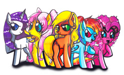 Size: 752x459 | Tagged: safe, artist:aurora-chiaro, derpibooru import, applejack, fluttershy, pinkie pie, rainbow dash, rarity, earth pony, pegasus, pony, unicorn, traditional art