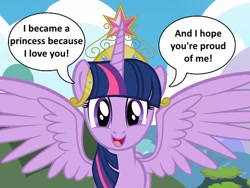 Size: 500x375 | Tagged: safe, artist:pixelkitties, derpibooru import, twilight sparkle, twilight sparkle (alicorn), alicorn, pony, alicorn drama, exploitable meme, female, heartwarming, love, mare, meme, princess, spread wings, twilight rustler meme, wings