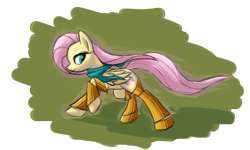 Size: 2000x1200 | Tagged: safe, artist:stridah, fluttershy, pegasus, pony, armor, bandana, running, solo