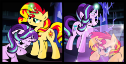 Size: 2614x1333 | Tagged: safe, artist:dsana, starlight glimmer, sunset shimmer, pony, unicorn, aftermath, book, bookshelf, bruised, commission, counterparts, crystal, fight, floor, library, magic, sweat, training, twilight's castle, twilight's counterparts