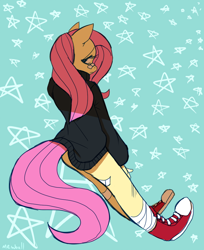 Size: 730x895 | Tagged: safe, artist:mewball, fluttershy, anthro, bandage, clothes, converse, shoes, solo, sweater, sweatershy