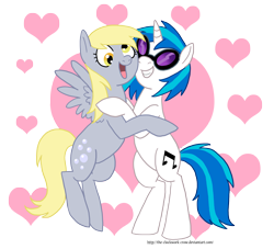 Size: 3859x3510 | Tagged: safe, artist:the-clockwork-crow, derpy hooves, dj pon-3, vinyl scratch, pegasus, pony, derpyscratch, female, heart, hug, lesbian, mare, shipping