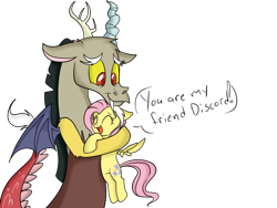 Size: 900x675 | Tagged: safe, artist:applejack-lover-fan, discord, fluttershy, pegasus, pony, discoshy, female, hug, male, shipping, straight