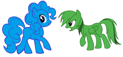 Size: 1203x560 | Tagged: artist needed, source needed, safe, derpibooru import, pinkie pie, rainbow dash, earth pony, pegasus, pony, blue coat, blue mane, blue tail, duo, duo female, female, green coat, green mane, green tail, making fiends, mare, open mouth, raised hoof, simple background, smiling, white background, wings