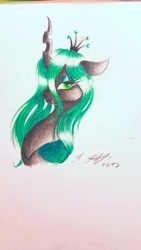 Size: 1024x1821 | Tagged: safe, artist:skyggetheumbrum, queen chrysalis, changeling, changeling queen, fangs, female, floppy ears, jewelry, lidded eyes, looking at you, simple background, solo, tiara, traditional art, white background