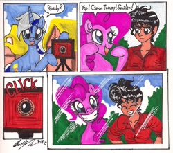 Size: 1410x1248 | Tagged: safe, artist:newyorkx3, minuette, pinkie pie, human, camera, comic, self insert, traditional art