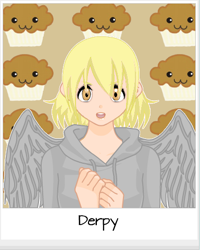 Size: 384x481 | Tagged: artist needed, safe, derpy hooves, anime, clothes, hoodie, humanized, muffin, name, solo, underp, winged humanization