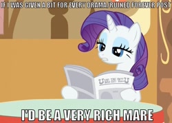 Size: 764x548 | Tagged: safe, rarity, pony, unicorn, drama, female, horn, image macro, mare, newspaper, solo