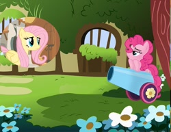 Size: 900x696 | Tagged: safe, fluttershy, pinkie pie, earth pony, pegasus, pony, cannon penis, female, mare, party cannon