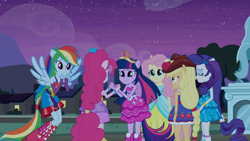 Size: 1366x768 | Tagged: safe, derpibooru import, screencap, applejack, fluttershy, pinkie pie, rainbow dash, rarity, twilight sparkle, equestria girls, fall formal outfits, mane six, ponied up