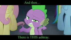 Size: 960x540 | Tagged: safe, derpibooru import, edit, fluttershy, rainbow dash, spike, dragon, pegasus, pony, my little pony: the movie, and then there's this asshole, dreamworks face, image macro, meme, reaction image