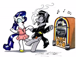 Size: 3200x2420 | Tagged: safe, artist:sketchywolf-13, rarity, oc, oc:sketchy, pony, unicorn, camping outfit, cigarette, dancing, jukebox