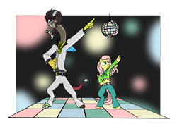 Size: 1280x939 | Tagged: safe, artist:redventure, discord, fluttershy, draconequus, pegasus, pony, semi-anthro, 70s, bipedal, clothes, dancing, disco, discoshy, female, male, mare, pun, serious face, shipping, smiling, straight, visual pun