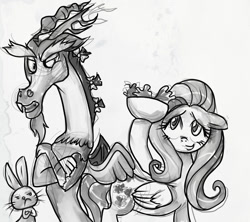 Size: 1280x1137 | Tagged: dead source, safe, artist:buttercupsaiyan, angel bunny, discord, fluttershy, pegasus, pony, bow, female, food, grayscale, hair bow, male, monochrome, salad