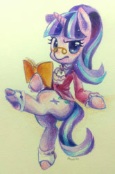 Size: 499x750 | Tagged: safe, artist:howzih, snowfall frost, starlight glimmer, pony, unicorn, a hearth's warming tail, book, glasses, looking at you, solo, spats