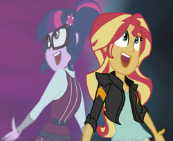 Size: 542x443 | Tagged: safe, artist:cumyns, sci-twi, sunset shimmer, twilight sparkle, equestria girls, friendship games, clothes, crystal prep academy, crystal prep academy uniform, crystal prep shadowbolts, deleted scene, duo, glasses, homesick shimmer, leather jacket, open mouth, school uniform, singing, what more is out there