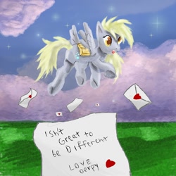 Size: 1024x1024 | Tagged: safe, artist:owlvortex, derpy hooves, pegasus, pony, female, flying, heart, letter, mare, note, paper, solo