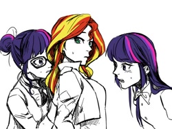 Size: 600x450 | Tagged: safe, artist:leenukgid, sci-twi, sunset shimmer, twilight sparkle, twilight sparkle (alicorn), alicorn, equestria girls, friendship games, human ponidox, twolight