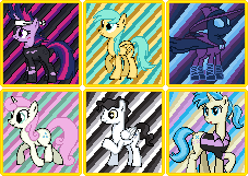 Size: 227x161 | Tagged: safe, artist:moondramon, derpibooru import, allie way, mare do well, mercury, starry eyes (character), sunshower raindrops, twilight sparkle, twinkleshine, future twilight, pixel art