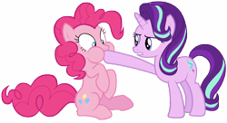 Size: 16500x9000 | Tagged: safe, artist:tardifice, pinkie pie, starlight glimmer, earth pony, pony, every little thing she does, absurd resolution, hoof in mouth, puffy cheeks, simple background, sitting, transparent background, vector, wide eyes